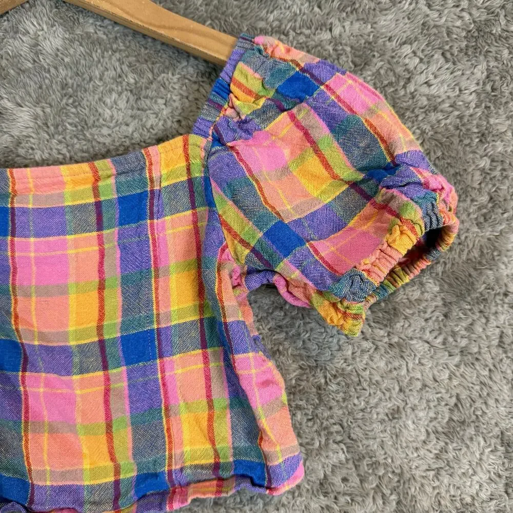 Old Navy Short Puff-Sleeve Linen Smocked Crop Top Girls Madras Plaid 8 Pink Blue